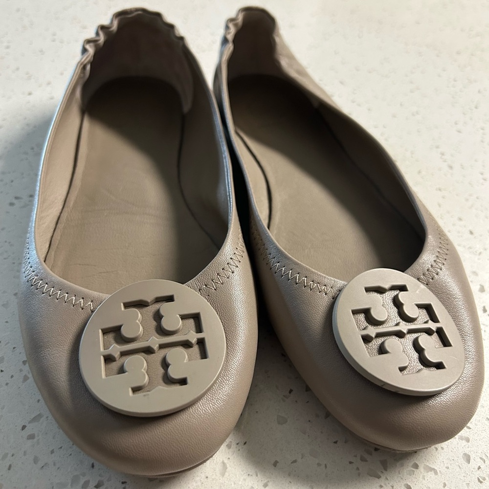 Tory Burch Tan Flats with Logo Medallion
